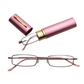 Reading Glasses Metal Spring Foot Portable Presbyopic Glasses with Tube Case  2.50D(Pink)
