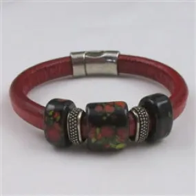 Red Leather Bracelet with Black Handmade Ceramic Accents