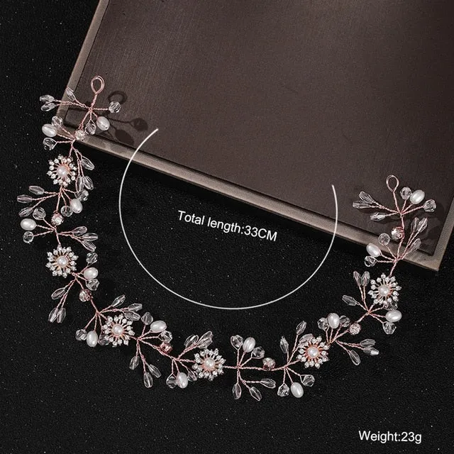 Rose Gold Wedding Crystal Pearl Flower Bridal Headband
