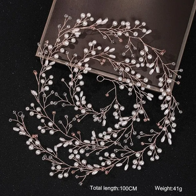 Rose Gold Wedding Crystal Pearl Flower Bridal Headband