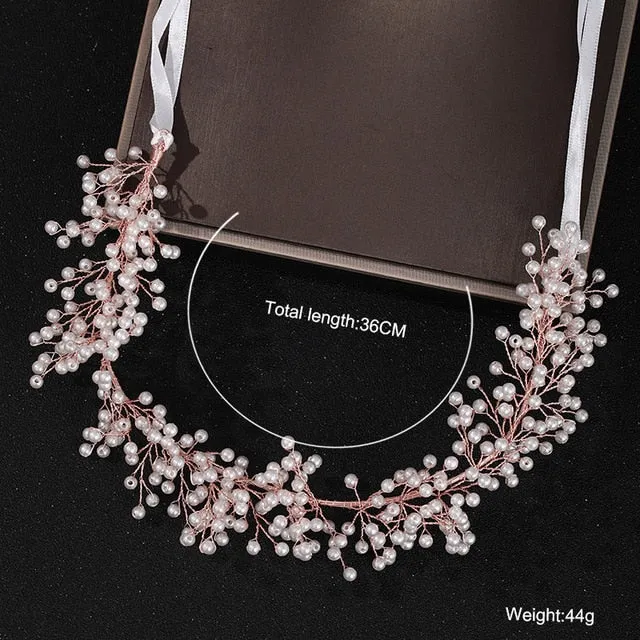 Rose Gold Wedding Crystal Pearl Flower Bridal Headband
