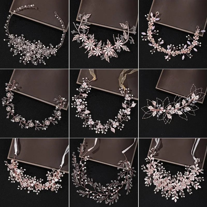 Rose Gold Wedding Crystal Pearl Flower Bridal Headband
