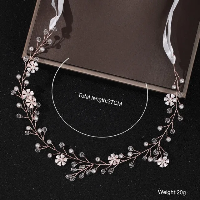Rose Gold Wedding Crystal Pearl Flower Bridal Headband