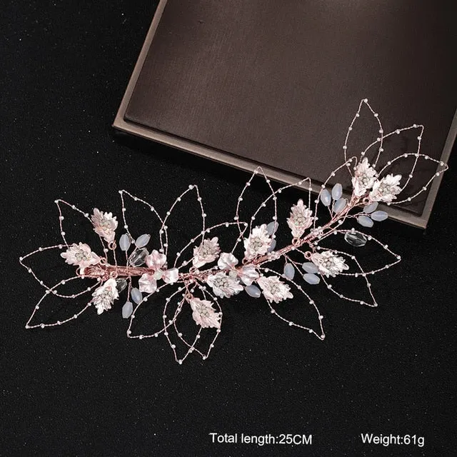 Rose Gold Wedding Crystal Pearl Flower Bridal Headband
