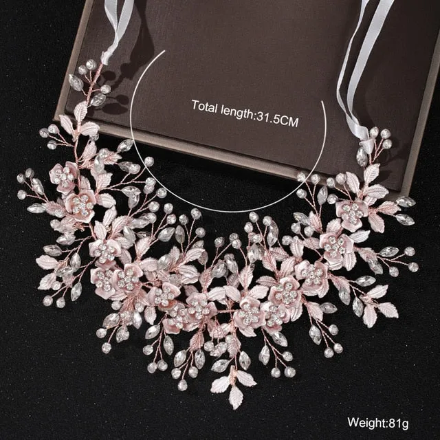 Rose Gold Wedding Crystal Pearl Flower Bridal Headband