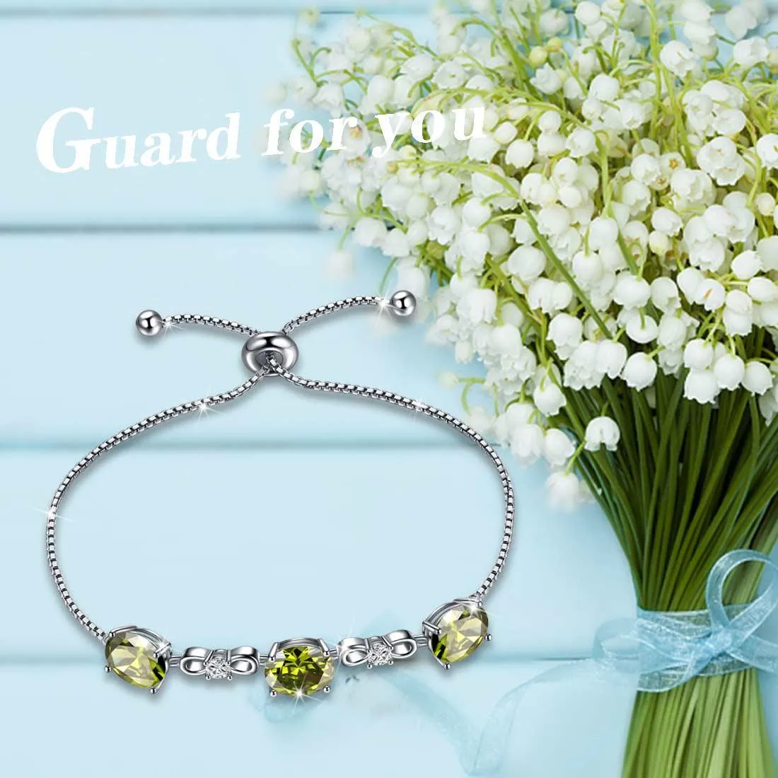 Round Birthstone August Peridot Bracelet Women Girls Jewelry Birthday Gift Sterling Silver