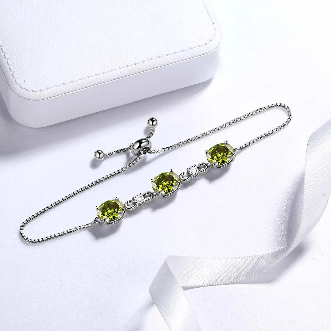 Round Birthstone August Peridot Bracelet Women Girls Jewelry Birthday Gift Sterling Silver