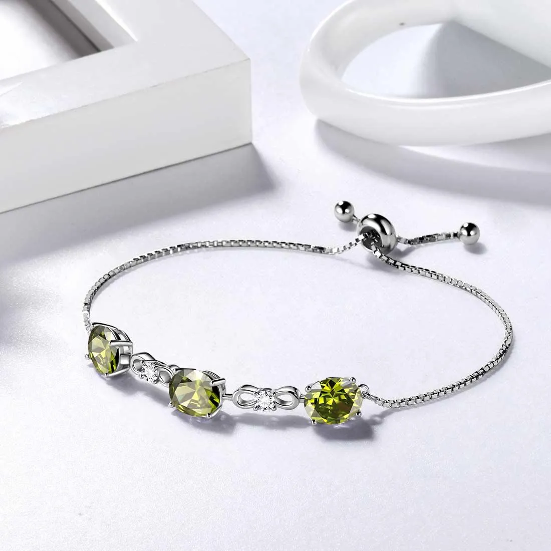 Round Birthstone August Peridot Bracelet Women Girls Jewelry Birthday Gift Sterling Silver
