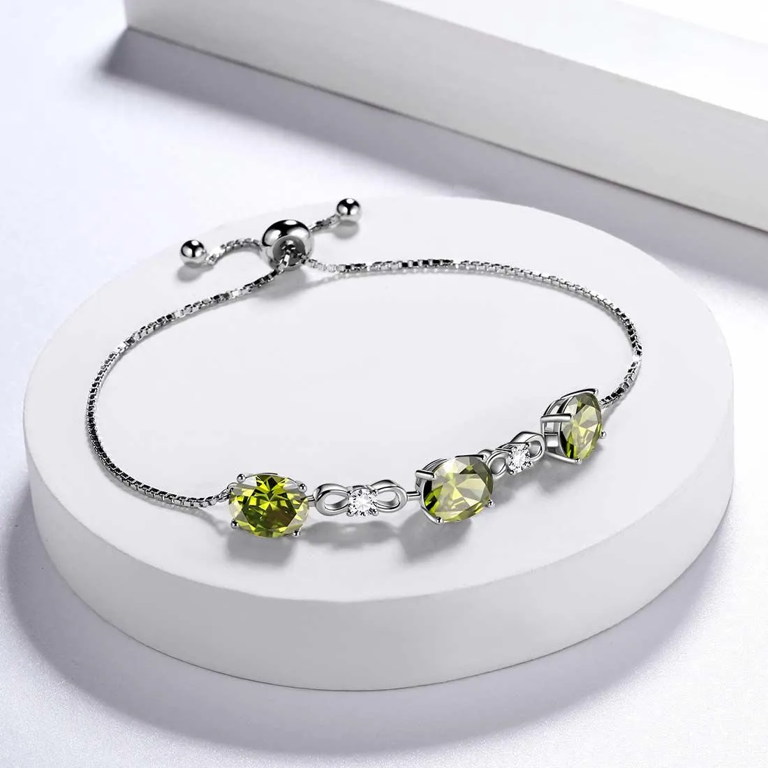 Round Birthstone August Peridot Bracelet Women Girls Jewelry Birthday Gift Sterling Silver