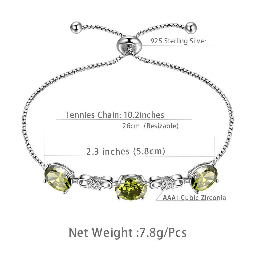 Round Birthstone August Peridot Bracelet Women Girls Jewelry Birthday Gift Sterling Silver