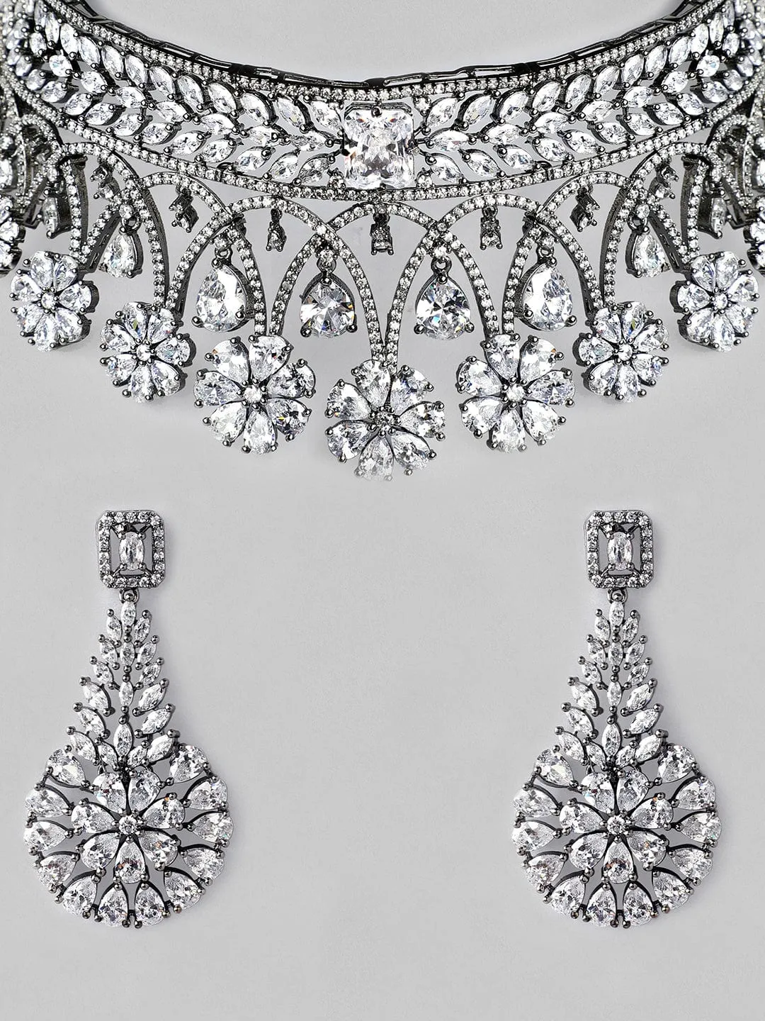 Rubans Luxury Rhodium Plated Zirconia Studded Statement Choker Necklace Set