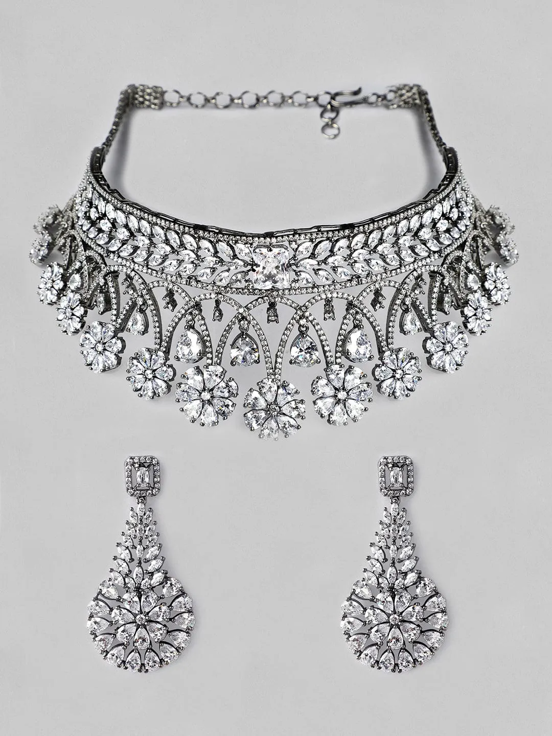 Rubans Luxury Rhodium Plated Zirconia Studded Statement Choker Necklace Set