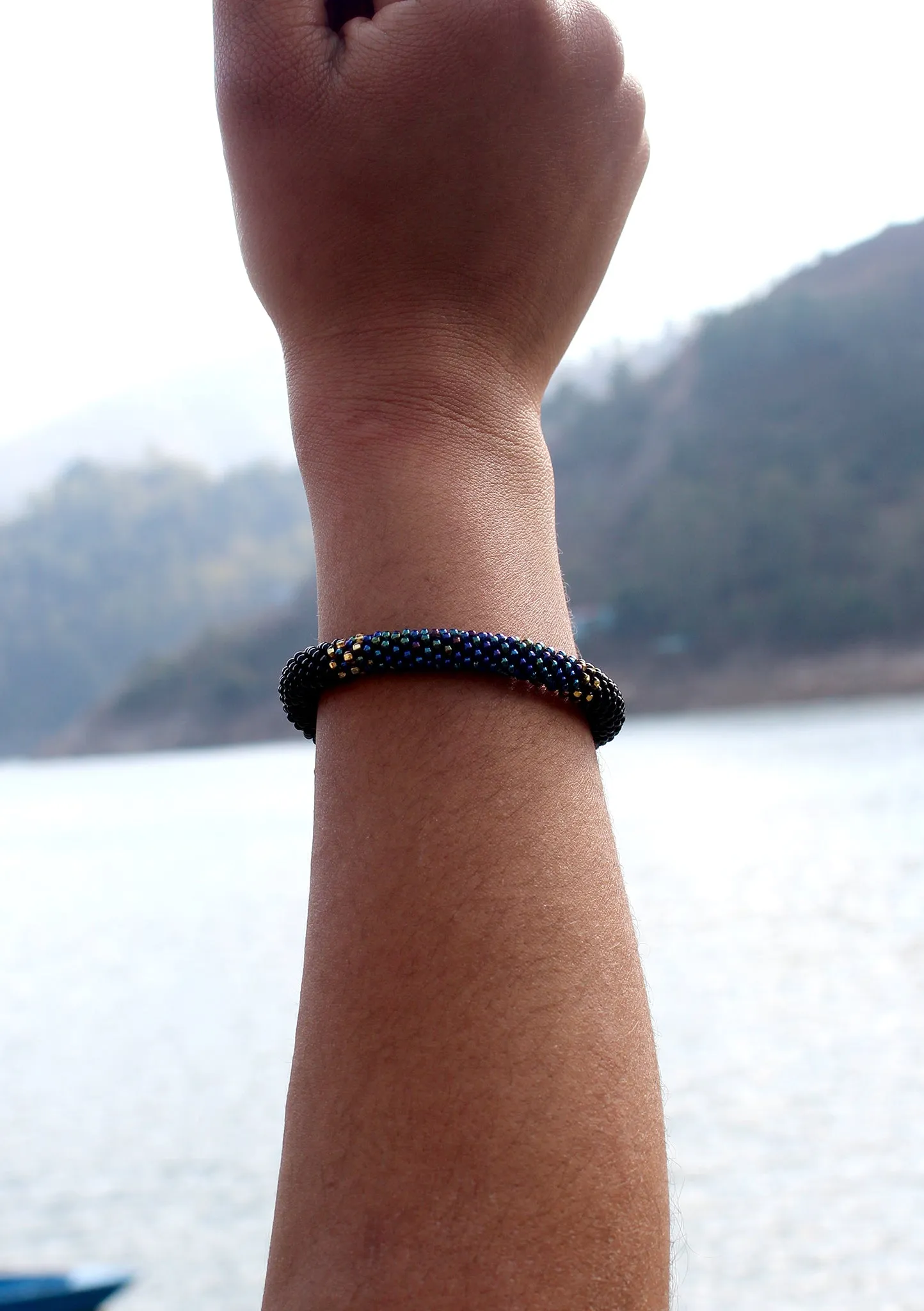 Shiny Black & Mixed Color Beads Nepalese Roll on Bracelet