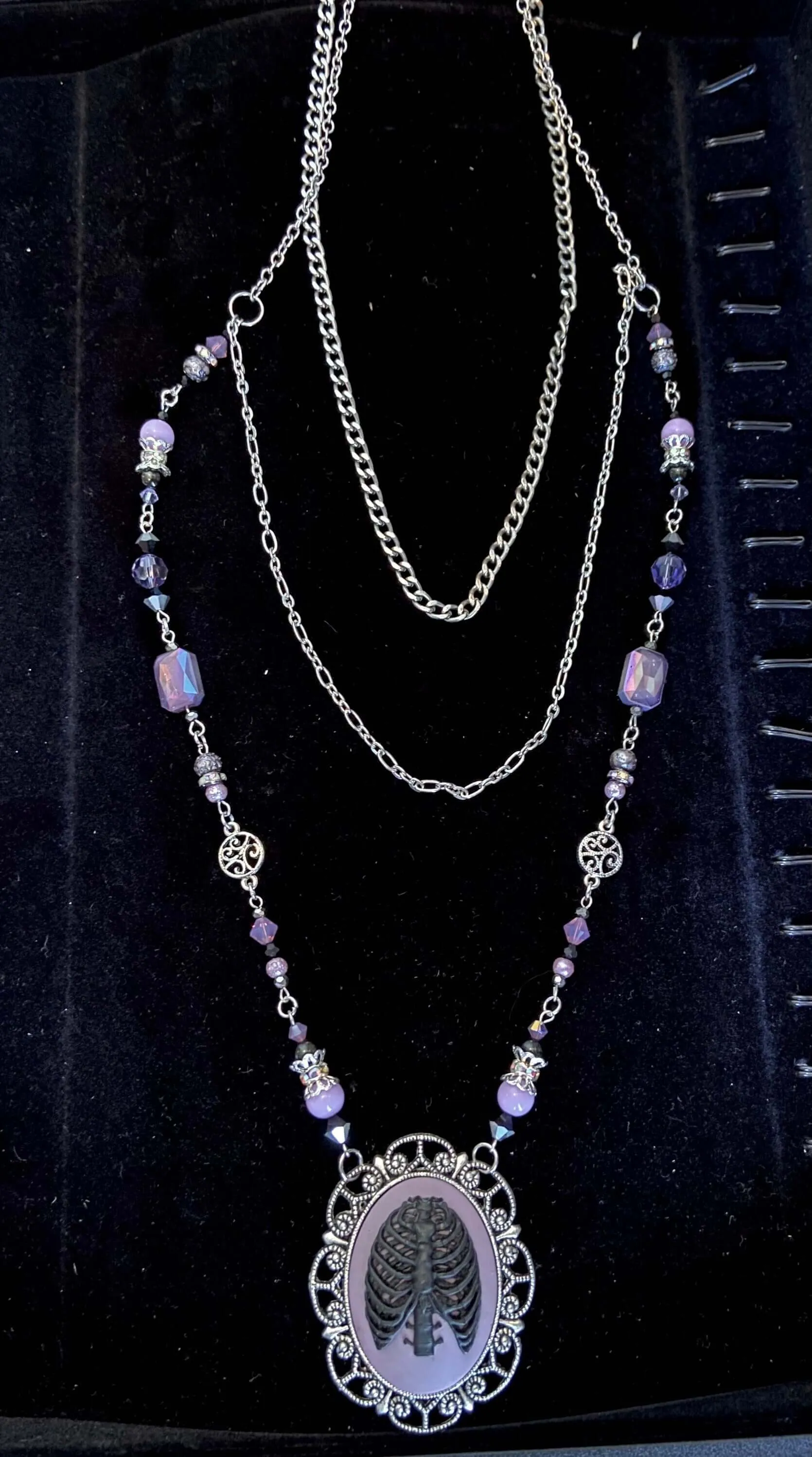 Silver and lavender rib cage 3-layer necklace