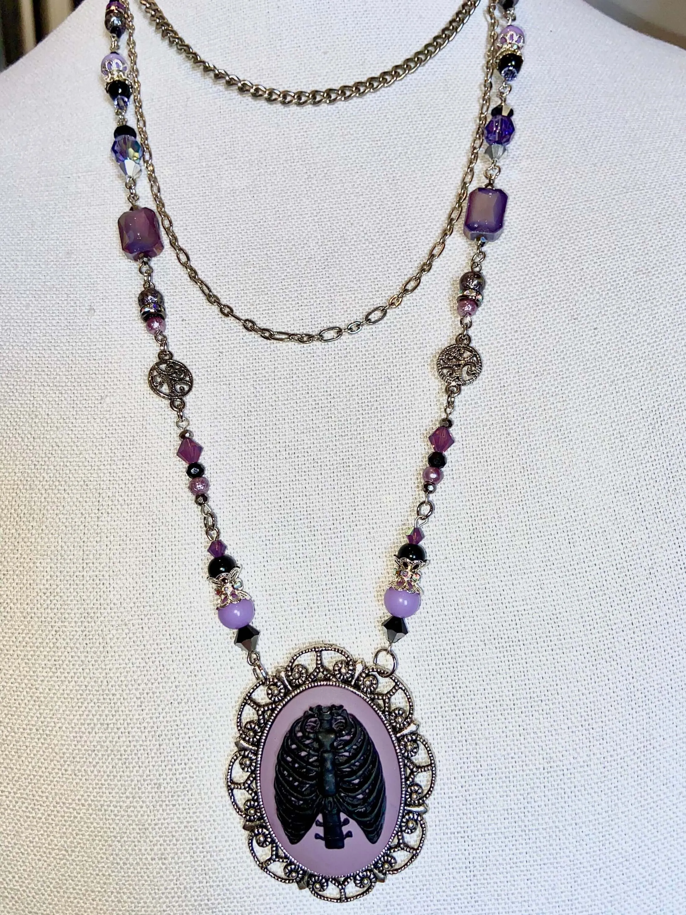 Silver and lavender rib cage 3-layer necklace