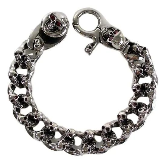 Silver Garnet Eyes Skull Bracelet