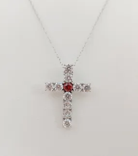 Silver Simulated Garnet/Diamond Cross Necklace