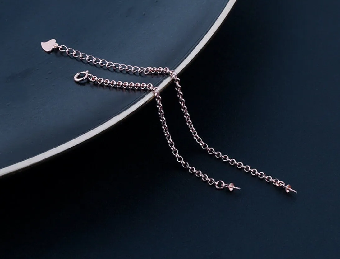 Simple Chain Cup Bangle Mount Bracelet Setting Sterling Silver Rose Gold 925 6-12mm For One Pearl Bead Adjustable DIY Jewelry Wholesale