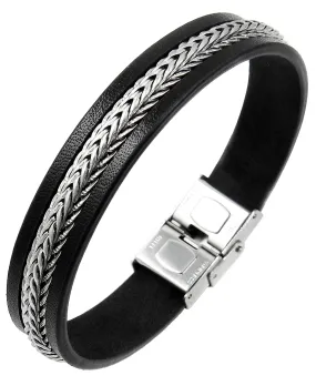 Sutton Stainless Steel Leather Bracelet with Chain Detail