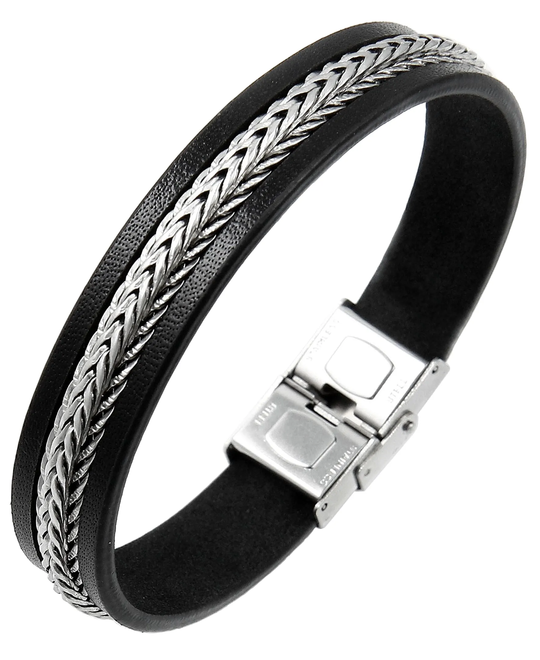 Sutton Stainless Steel Leather Bracelet with Chain Detail