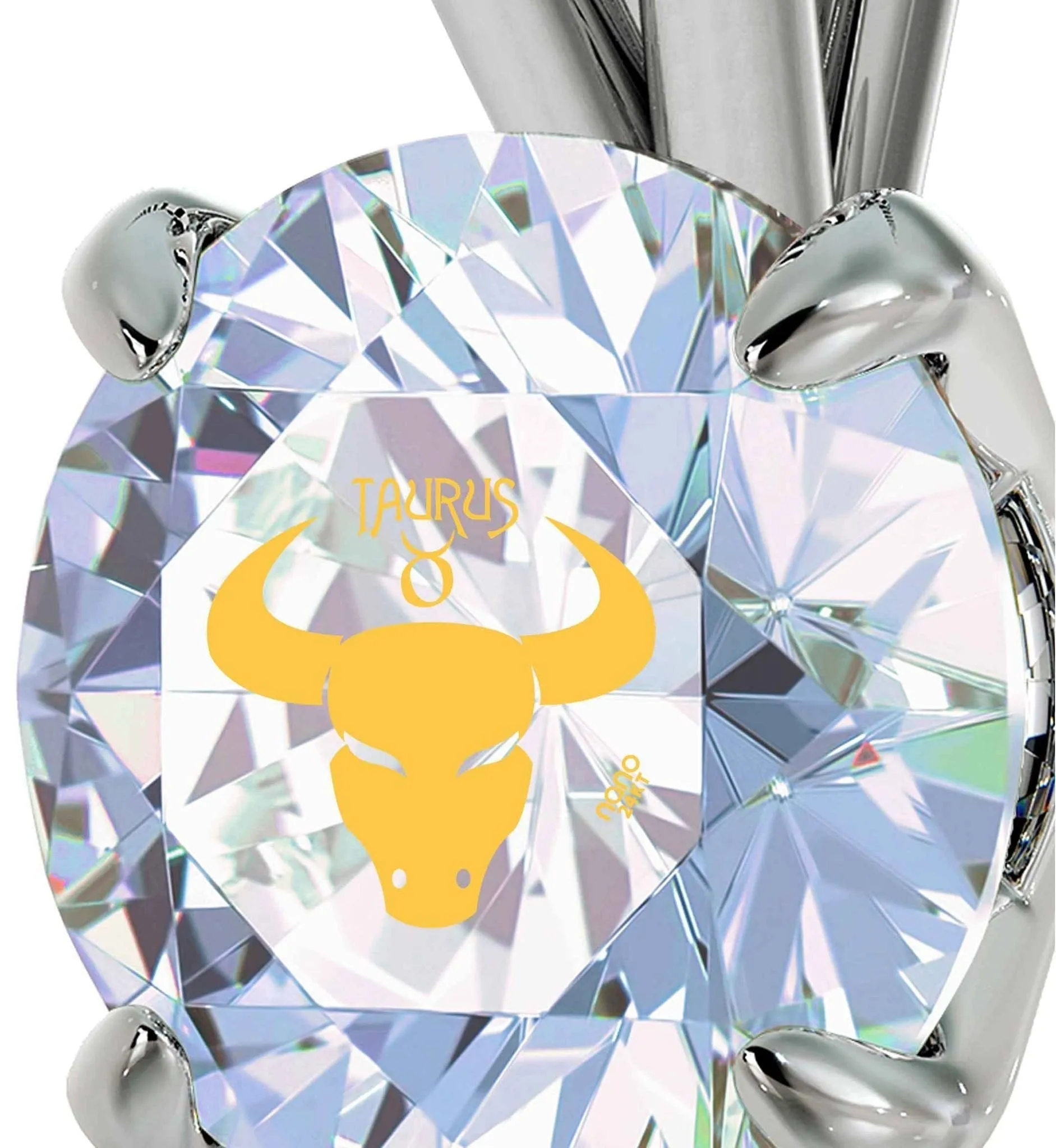 Taurus Sign, 14k White Gold Necklace, Swarovski