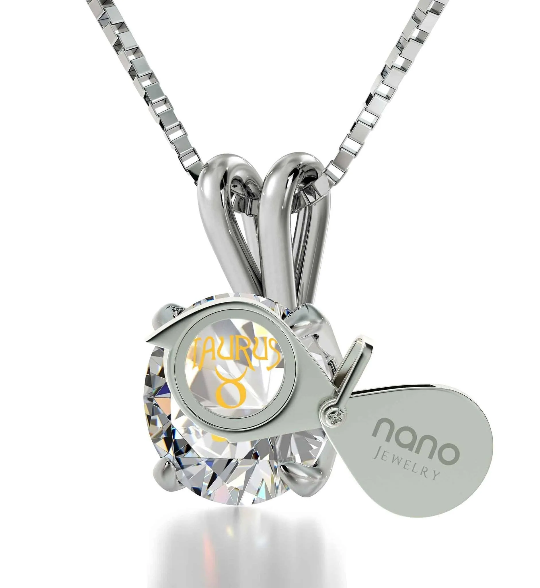 Taurus Sign, 14k White Gold Necklace, Swarovski
