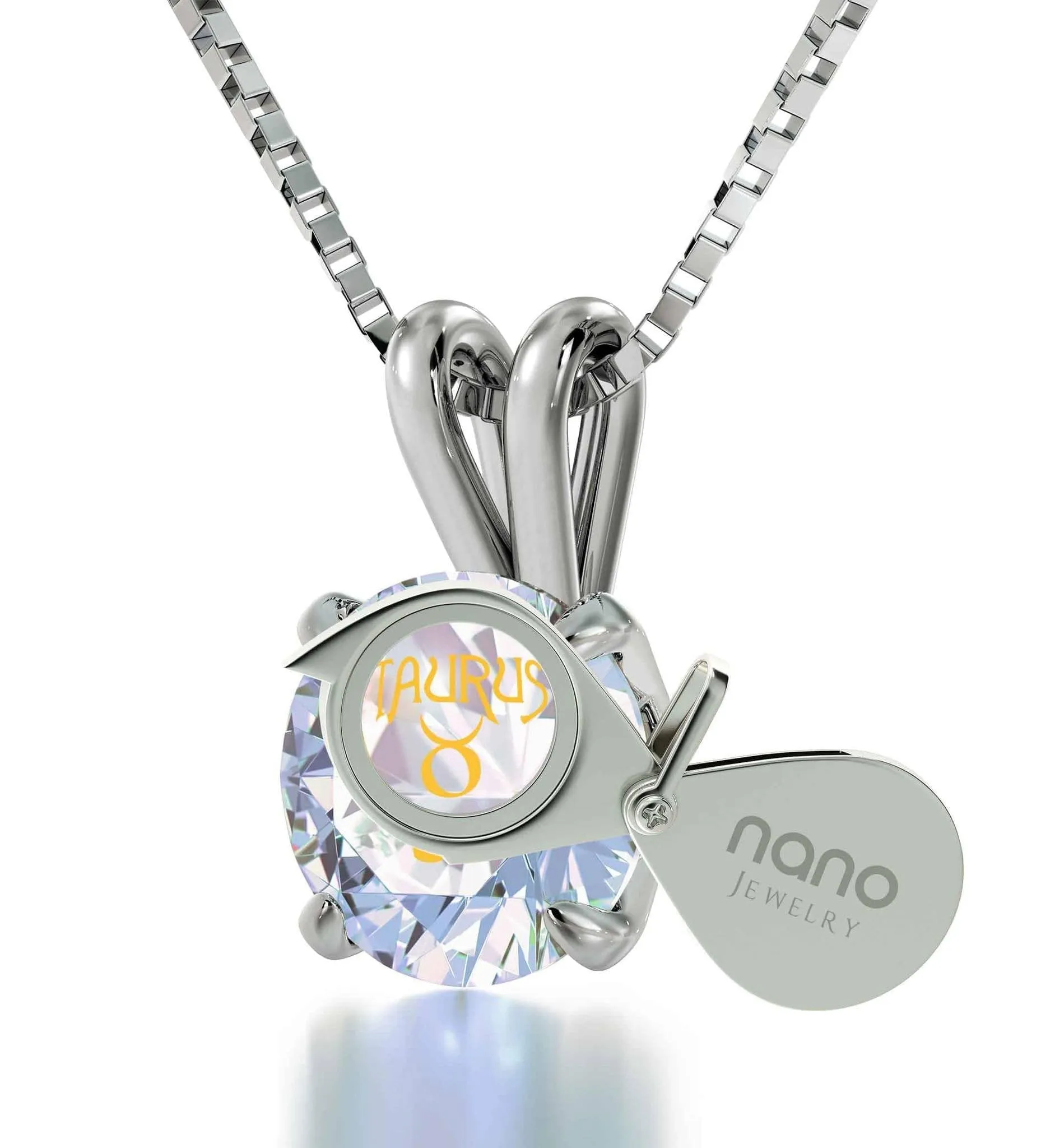 Taurus Sign, 14k White Gold Necklace, Swarovski