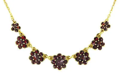 Victorian Bohemian Garnet Flowers Necklace in Sterling Silver with Yellow Gold Vermeil