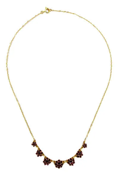 Victorian Bohemian Garnet Flowers Necklace in Sterling Silver with Yellow Gold Vermeil