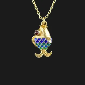 Vintage Gold Vermeil Garnet Enamel Sun Fish Necklace