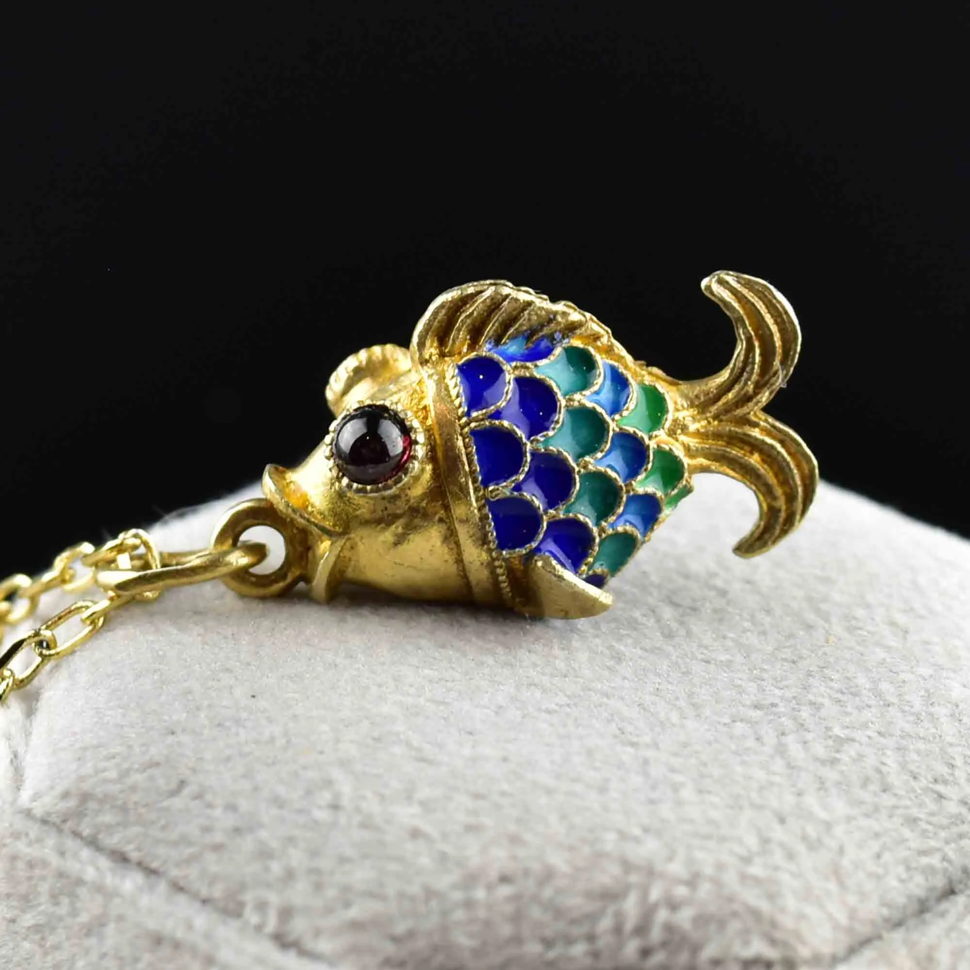 Vintage Gold Vermeil Garnet Enamel Sun Fish Necklace
