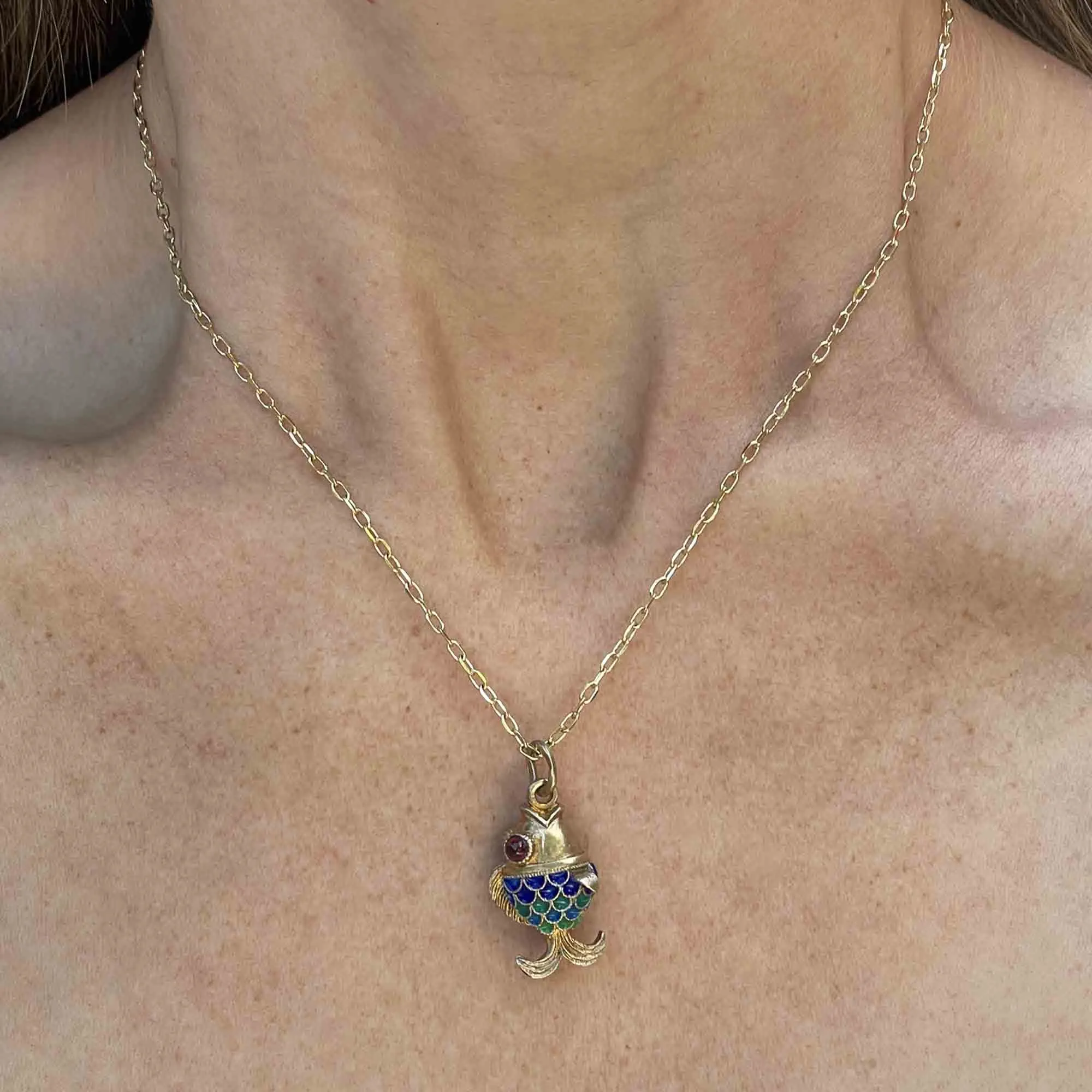 Vintage Gold Vermeil Garnet Enamel Sun Fish Necklace