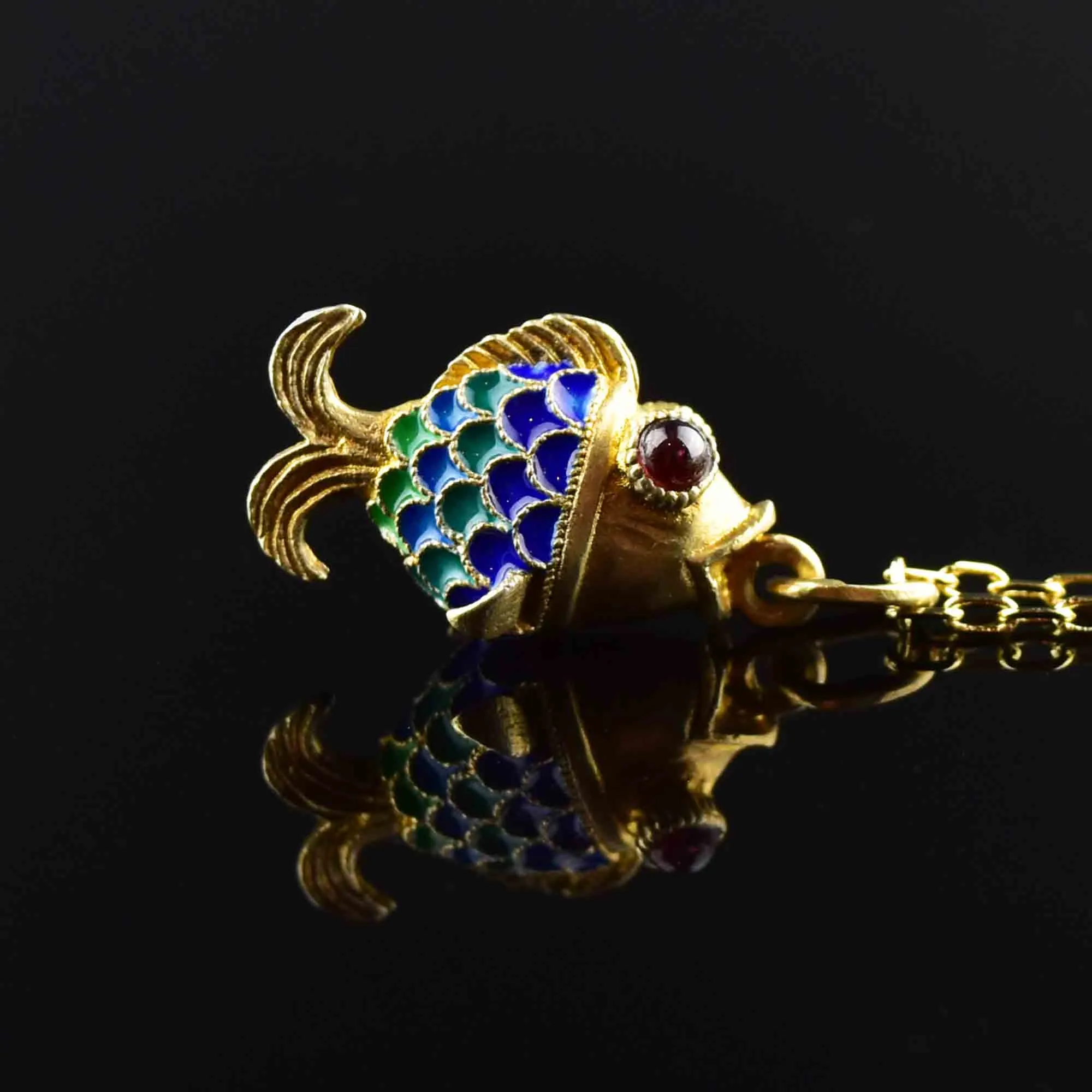 Vintage Gold Vermeil Garnet Enamel Sun Fish Necklace