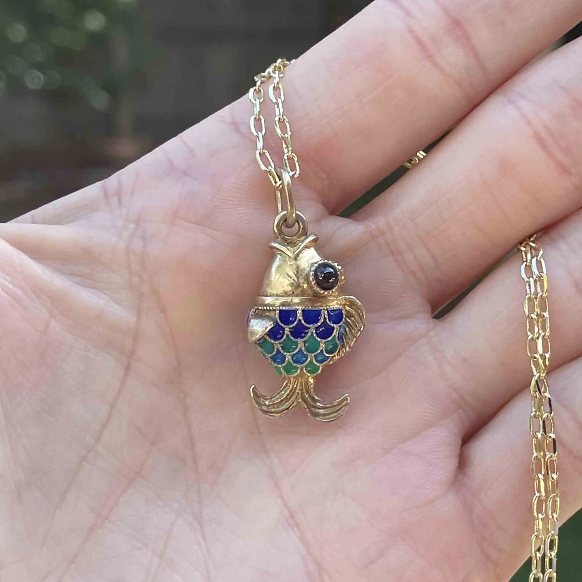 Vintage Gold Vermeil Garnet Enamel Sun Fish Necklace