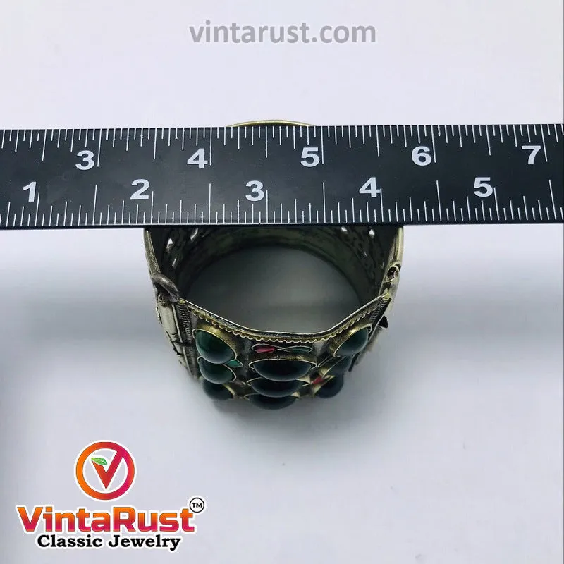 Vintage Gypsy Cuff Bracelet With Big Glass Stones