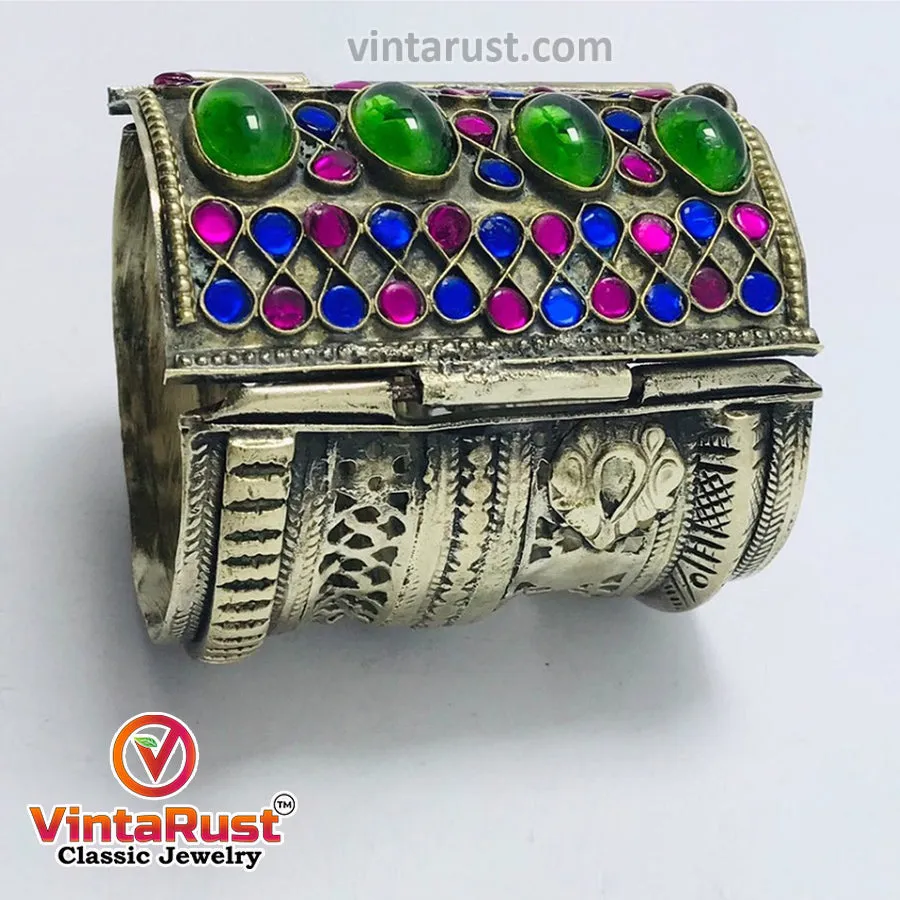 Vintage Gypsy Cuff Bracelet With Big Glass Stones