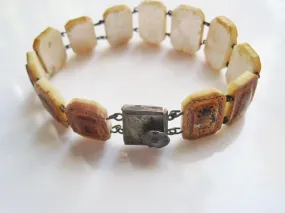 Vintage Hand Painted Mother of Pearl Bracelet with Silver Clasp
