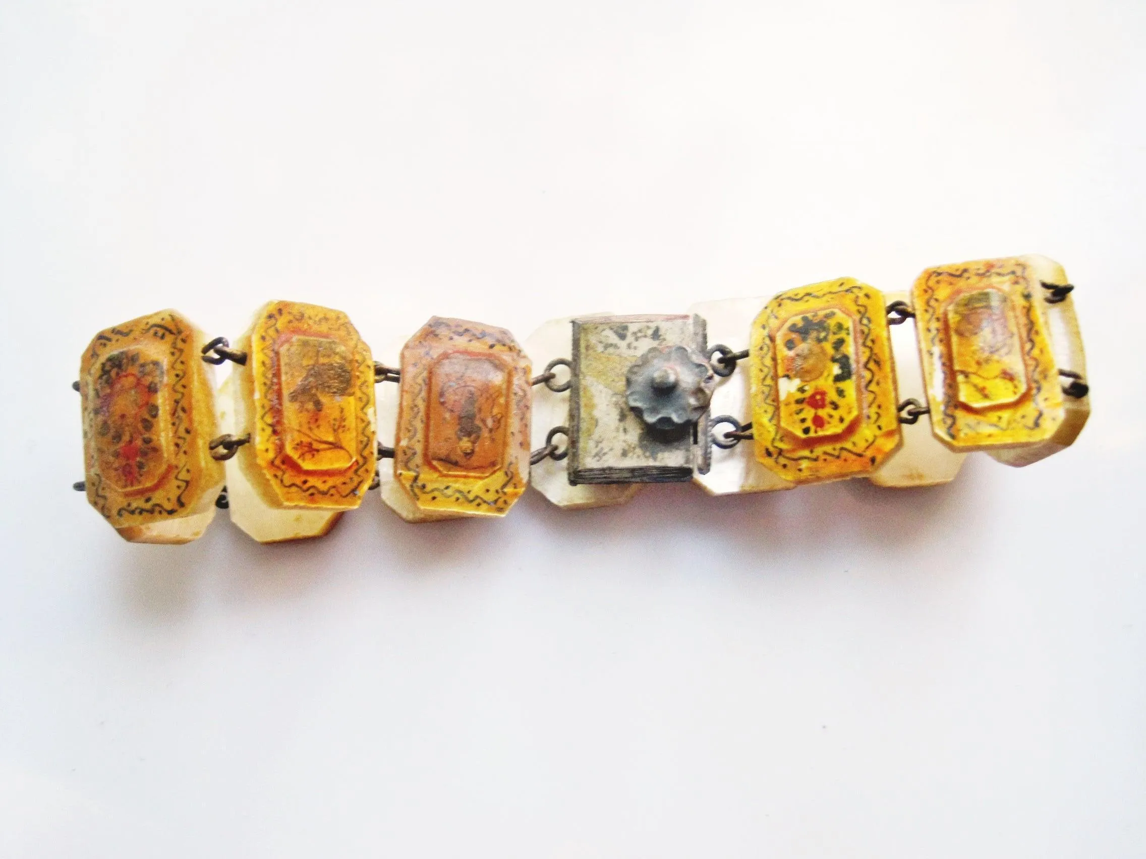 Vintage Hand Painted Mother of Pearl Bracelet with Silver Clasp