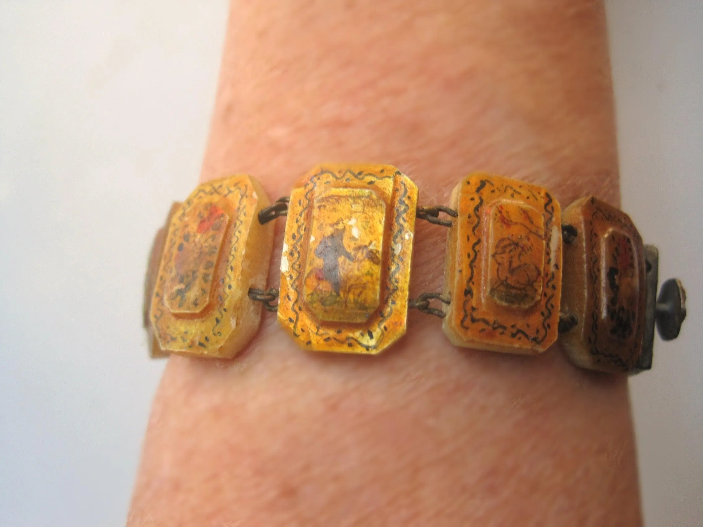 Vintage Hand Painted Mother of Pearl Bracelet with Silver Clasp