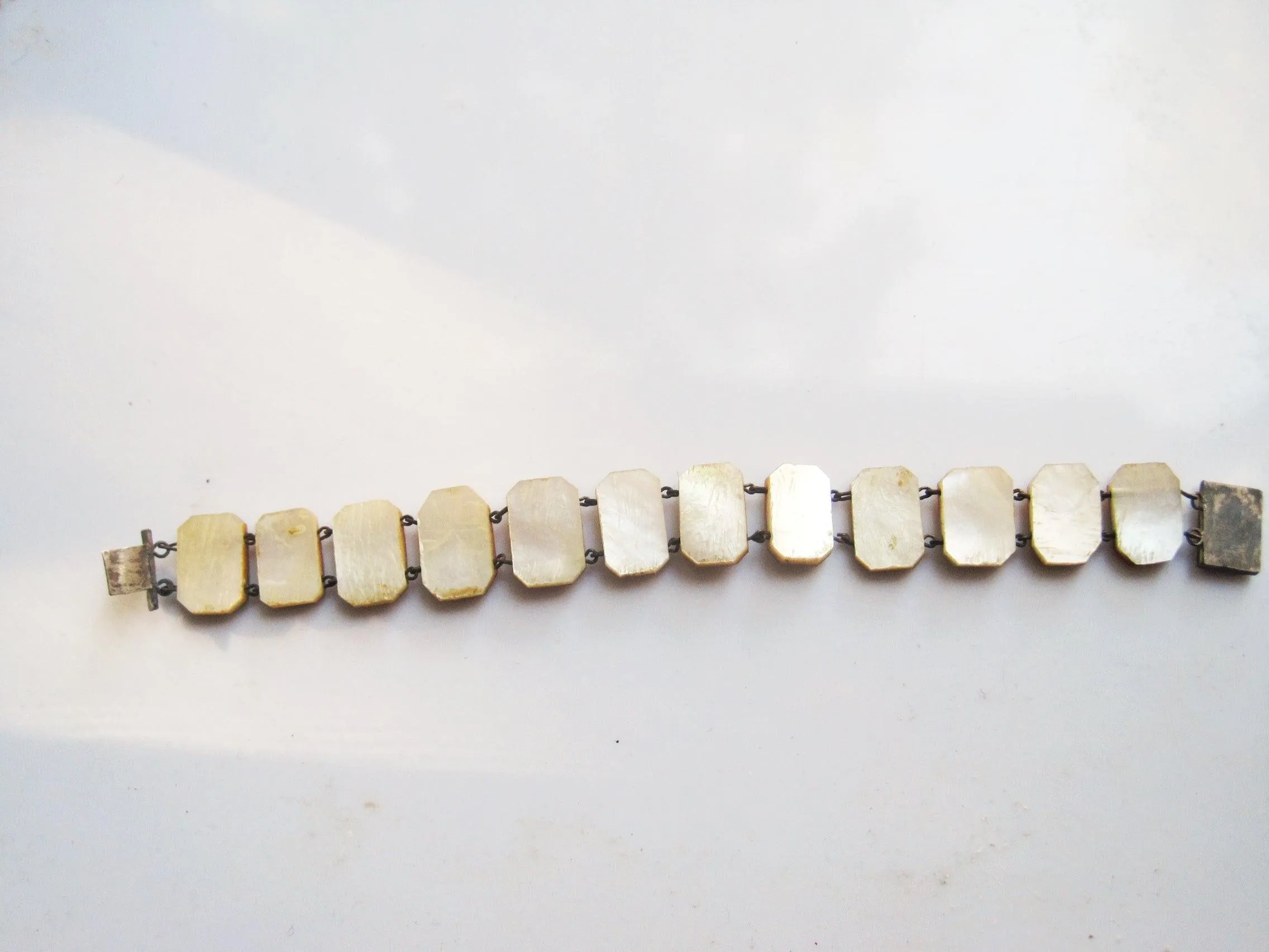 Vintage Hand Painted Mother of Pearl Bracelet with Silver Clasp