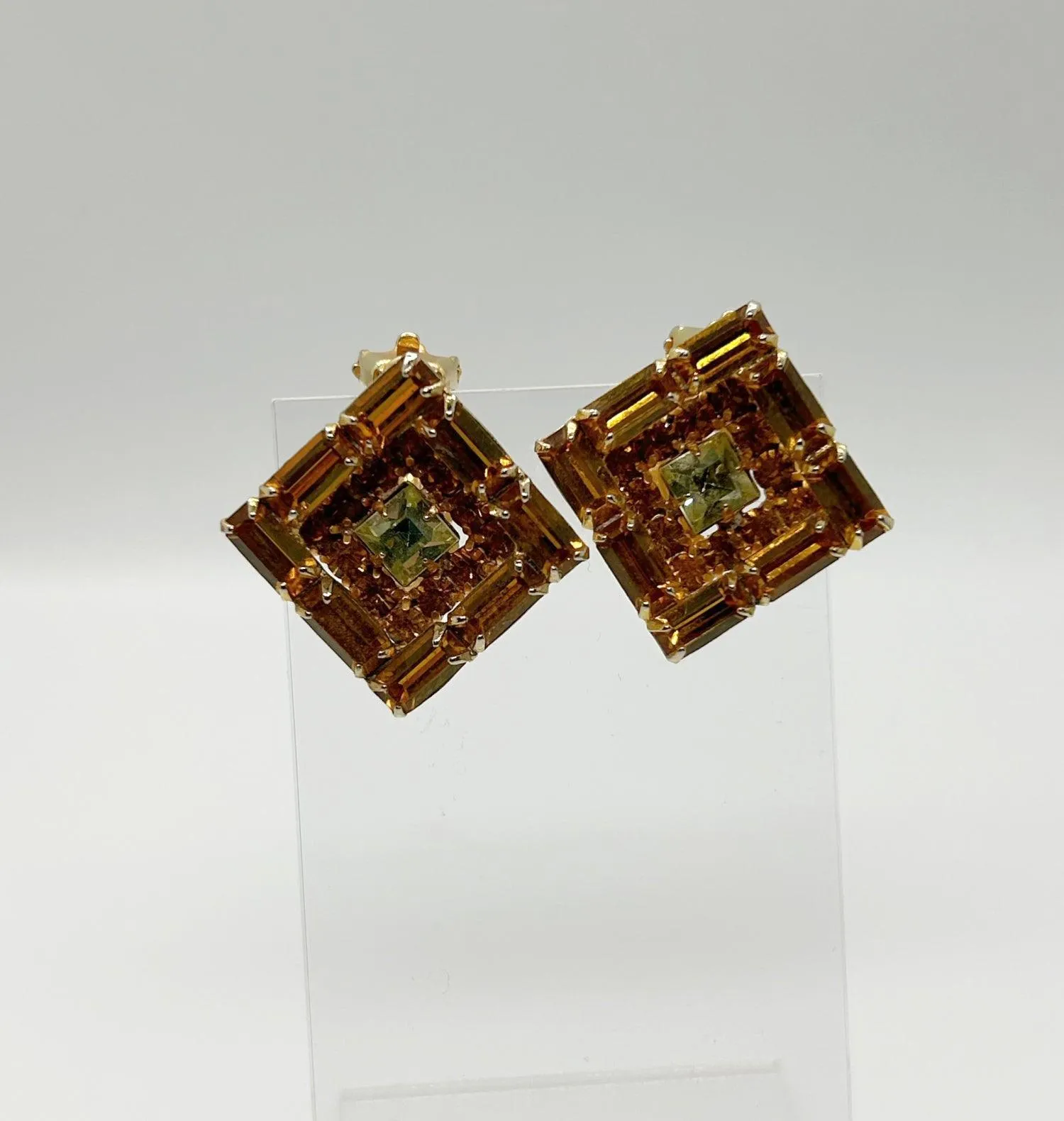 Vintage Kramer Layered Golden Square Rhinestone Earrings