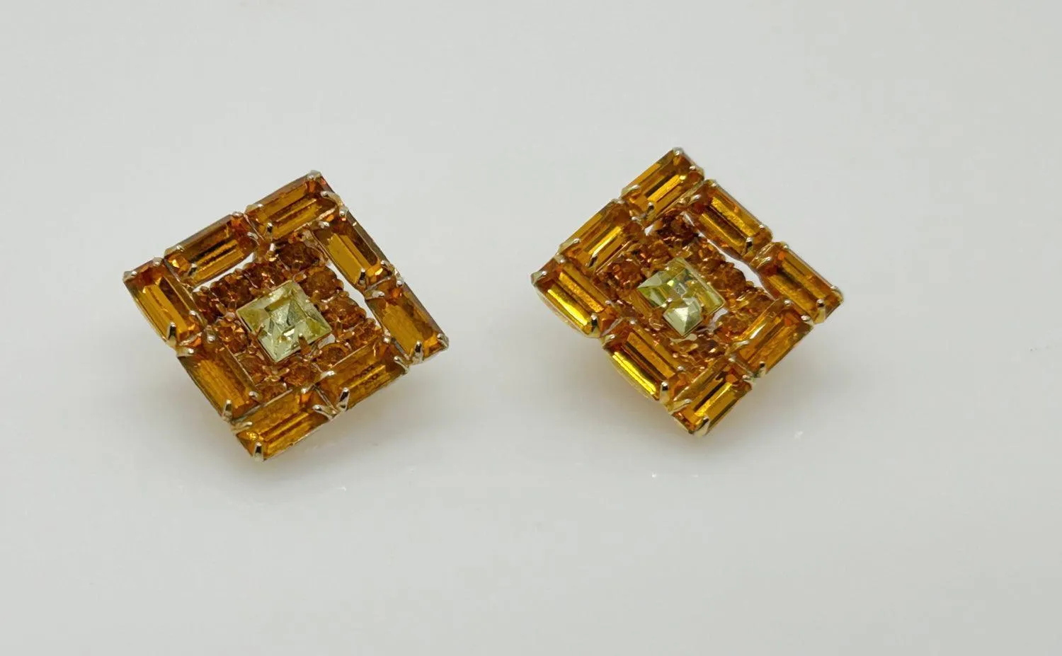 Vintage Kramer Layered Golden Square Rhinestone Earrings