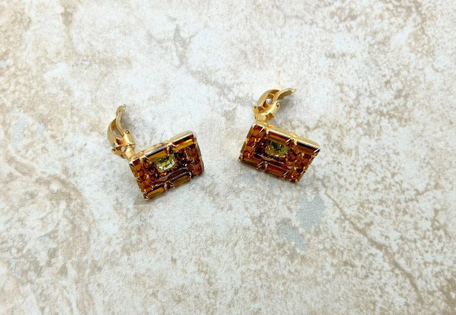 Vintage Kramer Layered Golden Square Rhinestone Earrings