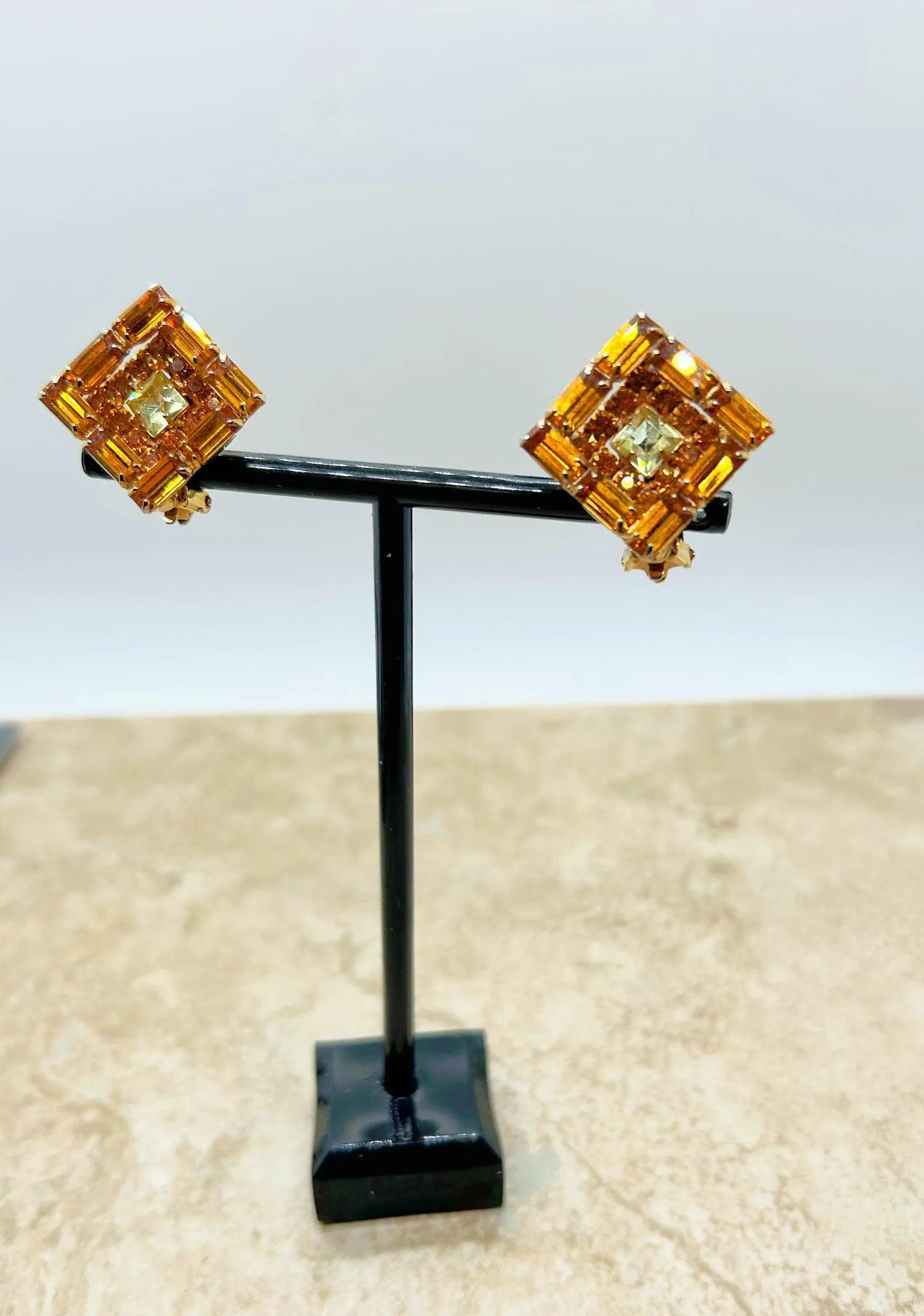 Vintage Kramer Layered Golden Square Rhinestone Earrings
