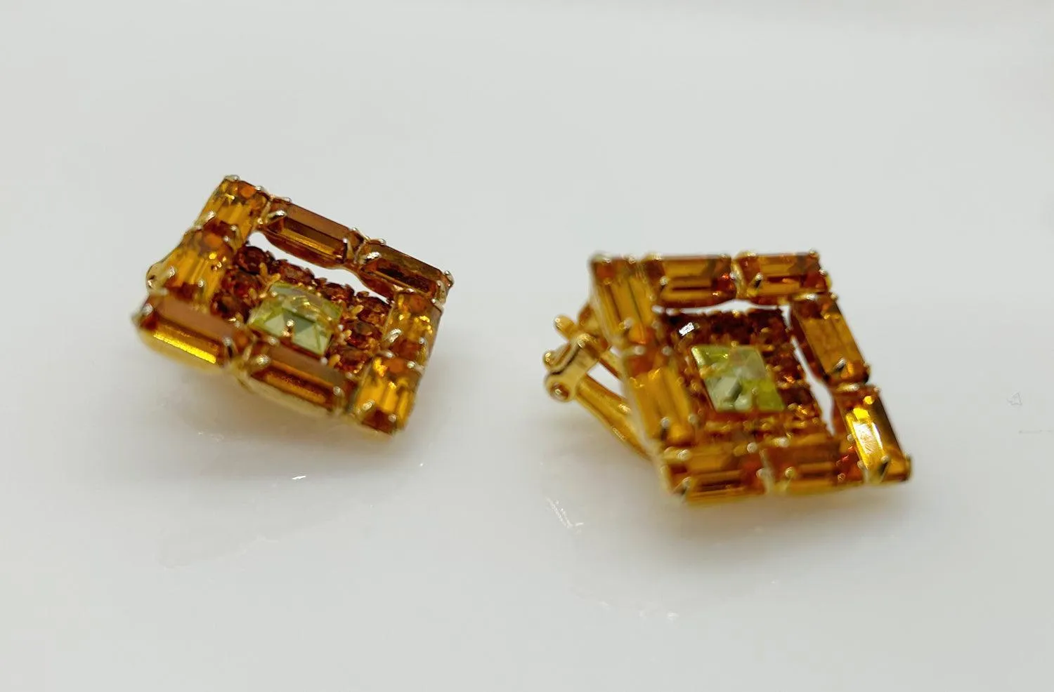 Vintage Kramer Layered Golden Square Rhinestone Earrings