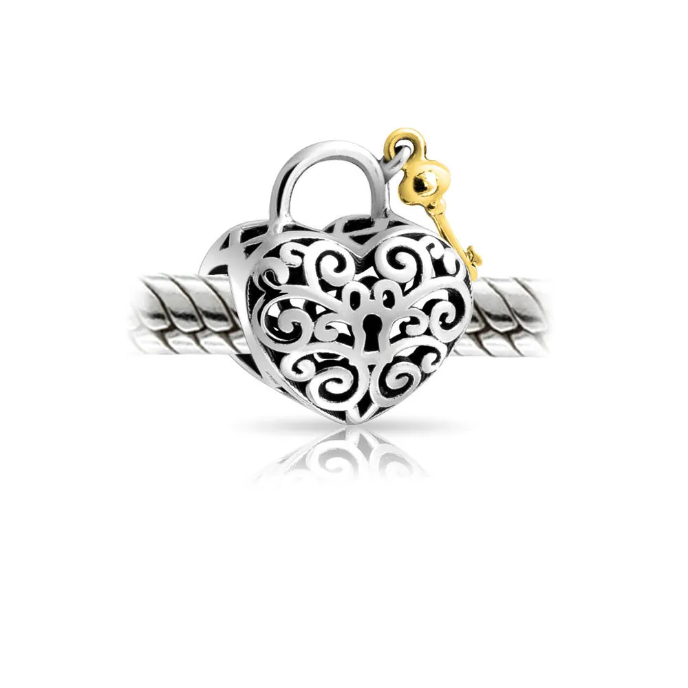 Vintage Two Tone Heart Filigree Lock & Key Charm Bead 14K Gold Plated Silver