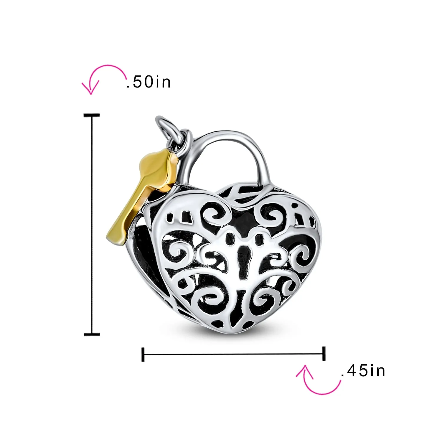 Vintage Two Tone Heart Filigree Lock & Key Charm Bead 14K Gold Plated Silver