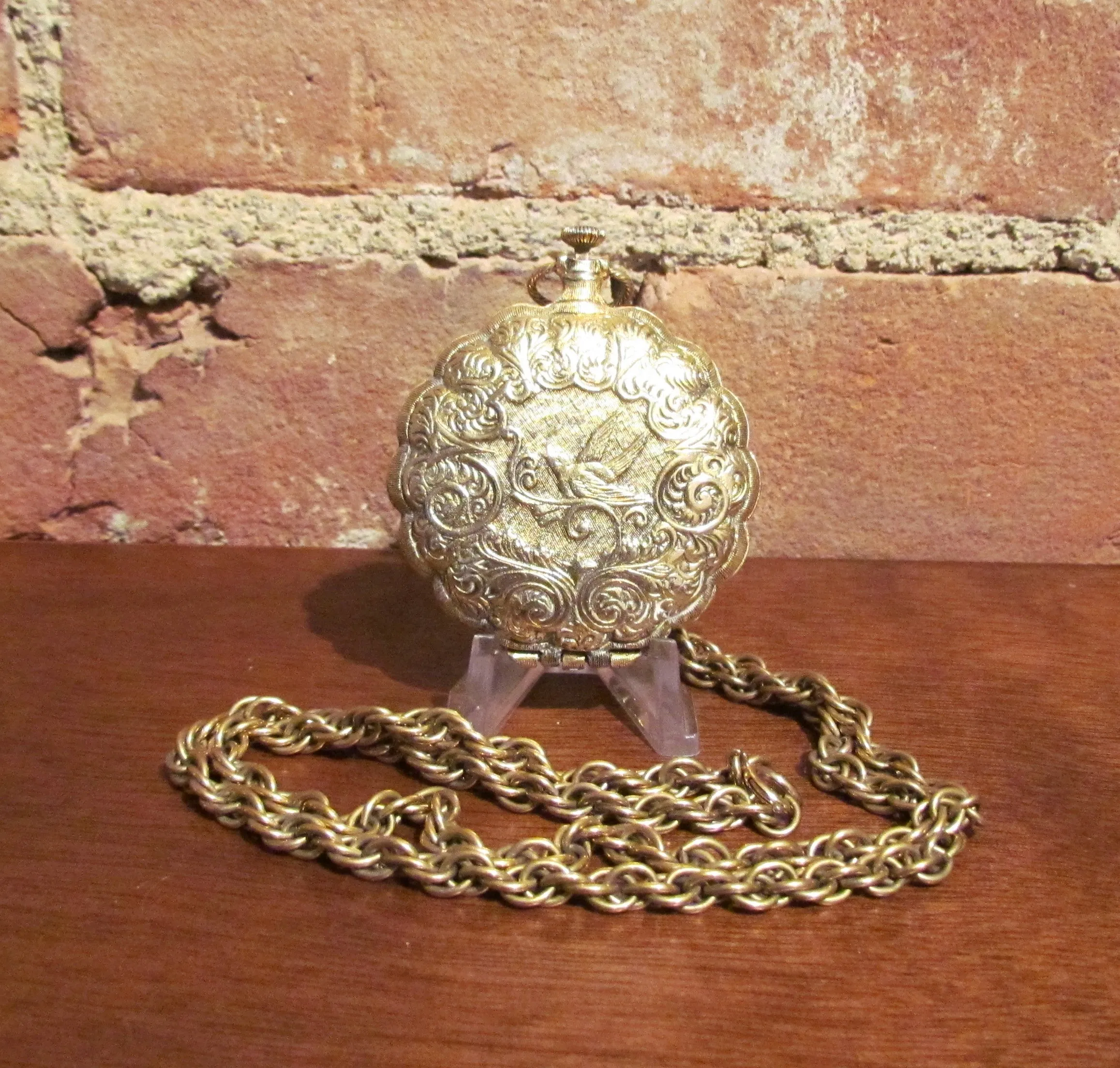 Watch Compact Necklace Max Factor Bird Pocket Watch Powder Compact Pendant Necklace
