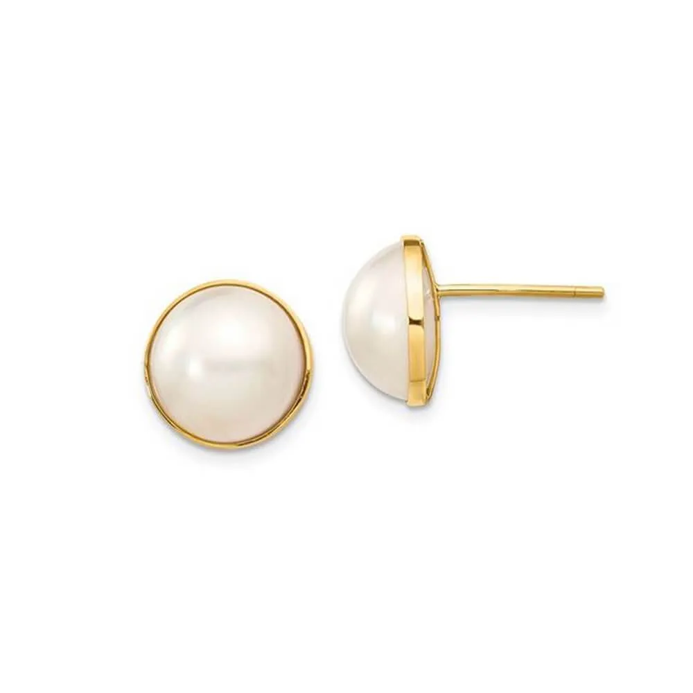 White Freshwater Cultured Pearl Mabe Earrings 9-10mm 14kt Yellow Gold