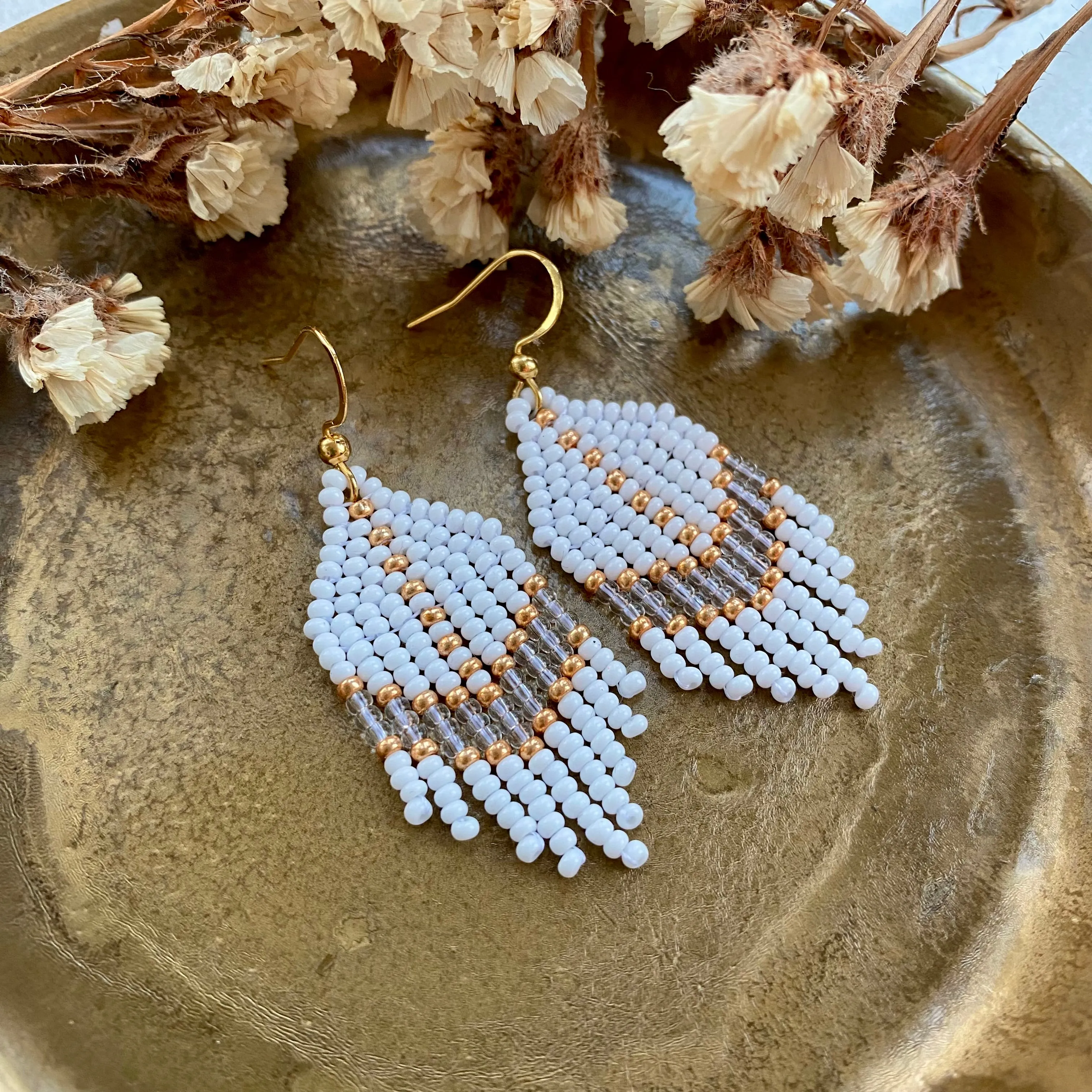 White Gold Seed Bead Earrings, Small Fringe Chandelier earrings for Women